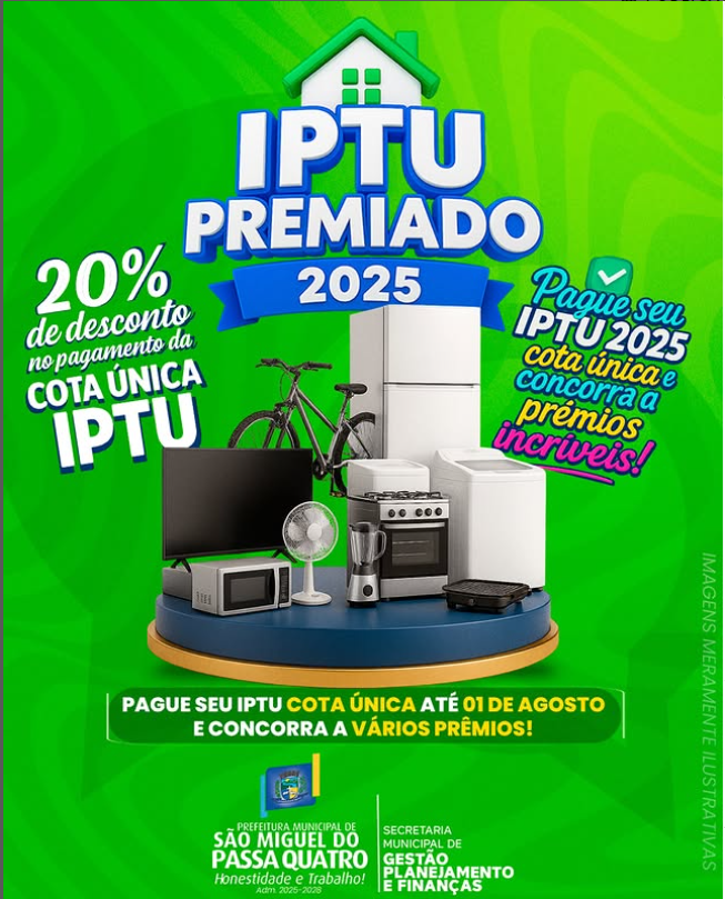 Imagem destacada do post: IPTU Premiado: São Miguel do Passa Quatro promove sorteio para os contribuintes
