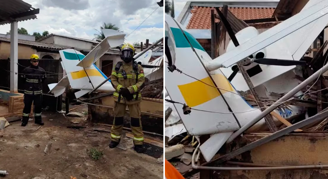 Imagem destacada do post: Avião de pequeno porte cai sobre casa em Goiânia; ninguém se feriu [vídeo]