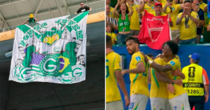Bandeiras do Vila e Goiás chamam atenção durante jogo Brasil x Escócia [vídeos]