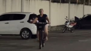 Cachorrinho preto escondido em cestinha de bike vira atração em passeio noturno