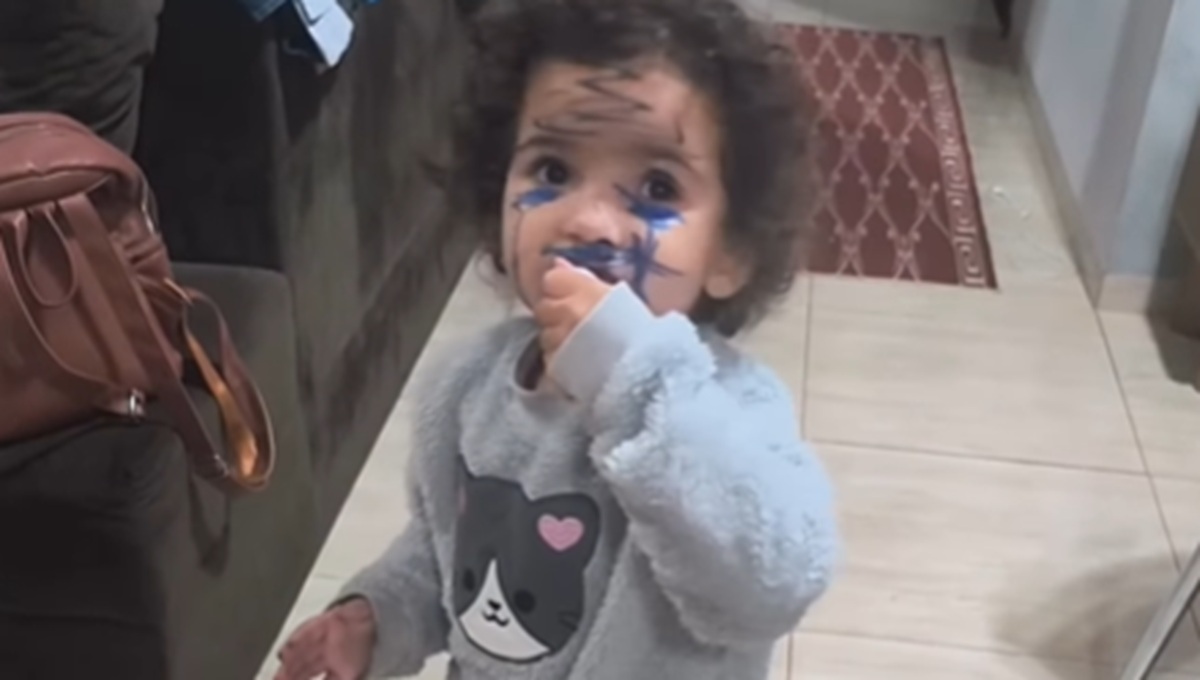 Imagem destacada do post: Mãe descuida minutos e filha transforma rosto em obra de arte; veja vídeo
