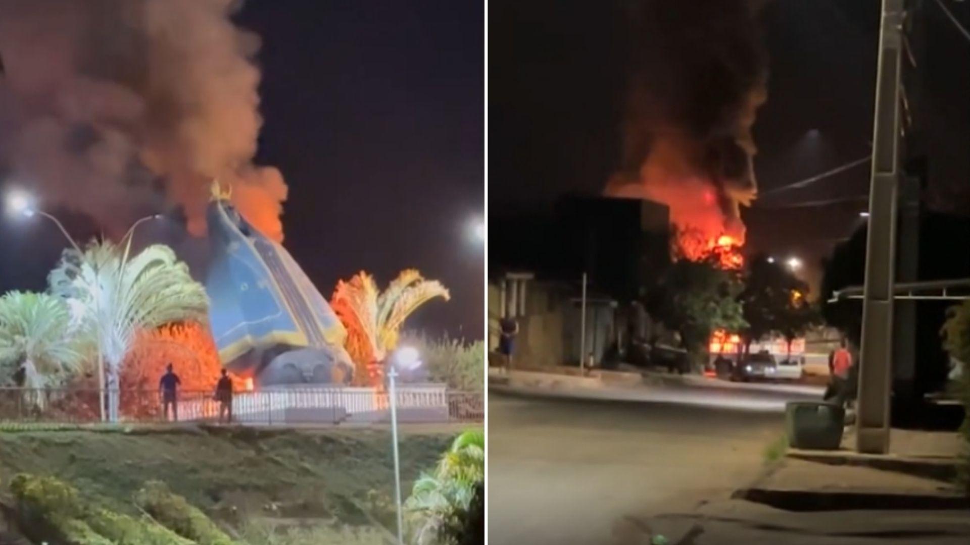 Imagem de Nossa Senhora Aparecida, na entrada de Nerópolis, é destruída após incêndio [vídeo]