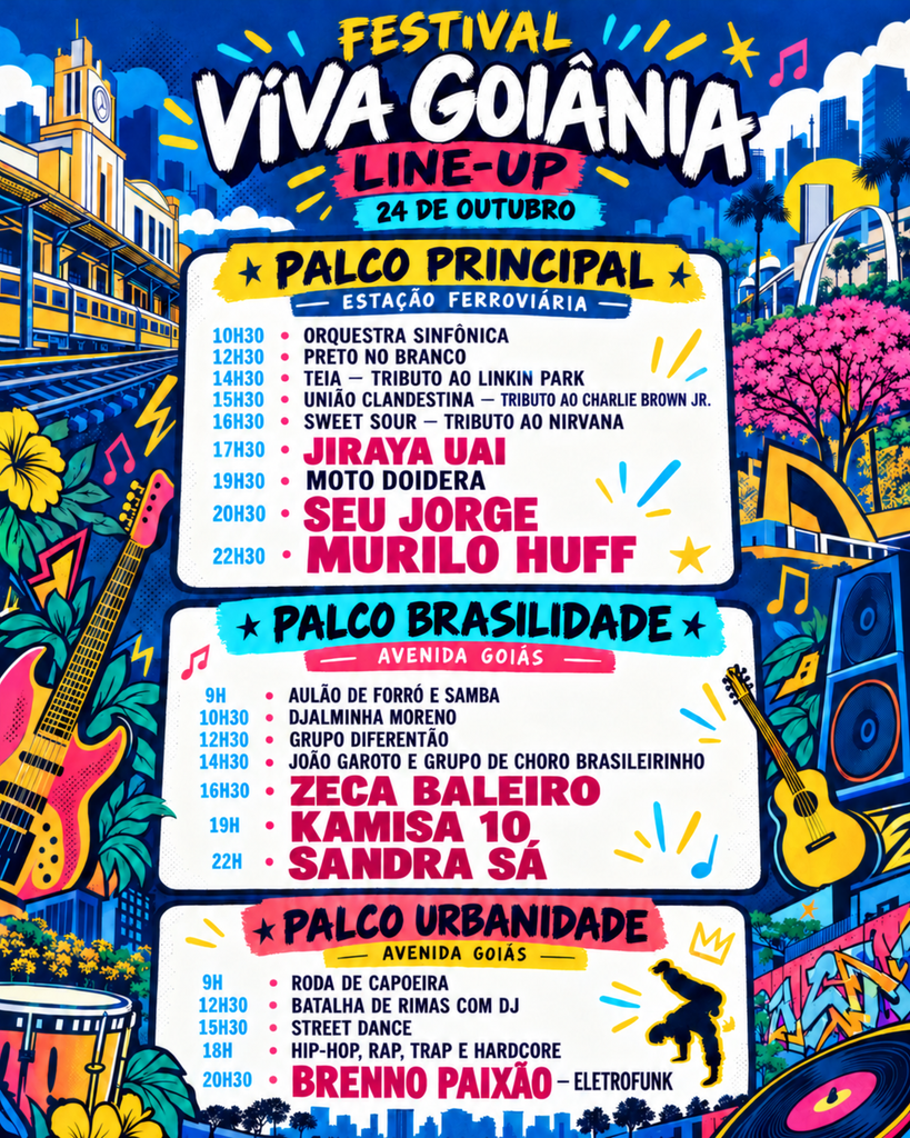 Festival Viva Goiânia celebra 93 anos da capital neste sábado; veja line-up 1 Cartaz do festival com Palco Brasilidade